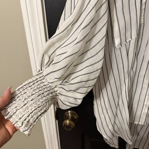 Womens Oversized Sheer Striped Blouse Balloon Sleeves White Black Medium - Picture 3 of 5